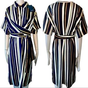 NWT STELAN Striped Faux Wrap Front Midi Dress Blue Short Sleeves Career Work MED